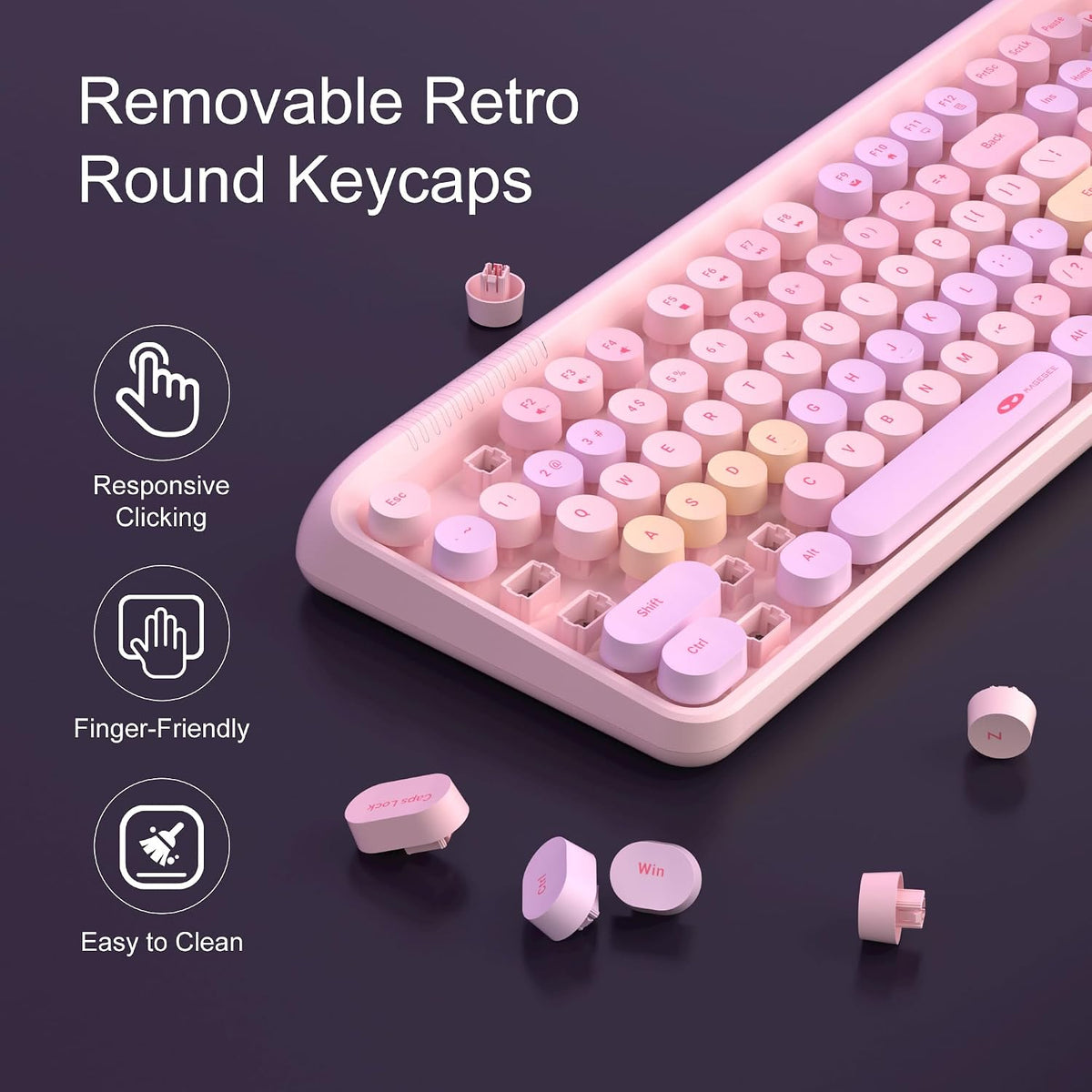 MageGee V920 Wireless Keyboard and Mouse Combo, 2.4G Full-Sized Retro Typewriter Keyboard with Round Keycaps & Auto-Sleep Mode, Cute Computer Keyboard and Cordless Optical Mouse for Laptop/PC (Pink)