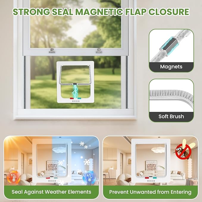 Cat Door for Window, 4 Locking Modes for Safety Cat Window Door, Fits 14"-24" Width Window, Durable Weatherproof design Cat Door, Magnetic Closure, Wider View, Pet Door With Safe & Comfortable for Cat