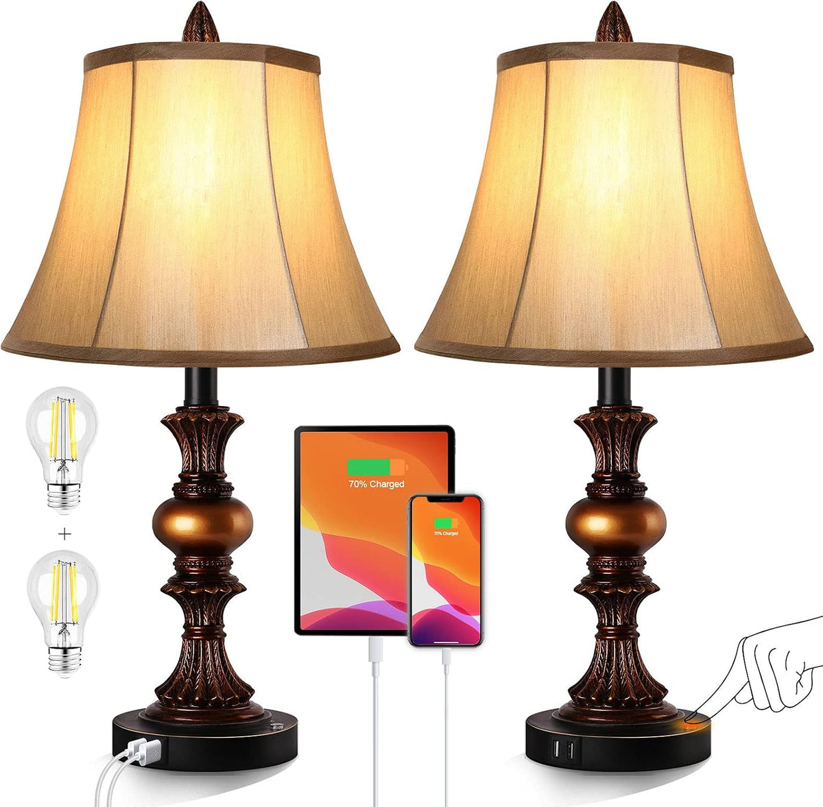 Touch Control Traditional Table Lamp Set of 2, Vintage Bedside Lamps with Dual USB Charging Ports, 3-Way Dimmable Bronze Finish Desk Lamps with Bell Shape Faux Silk Shade for Living Room, Bedroom