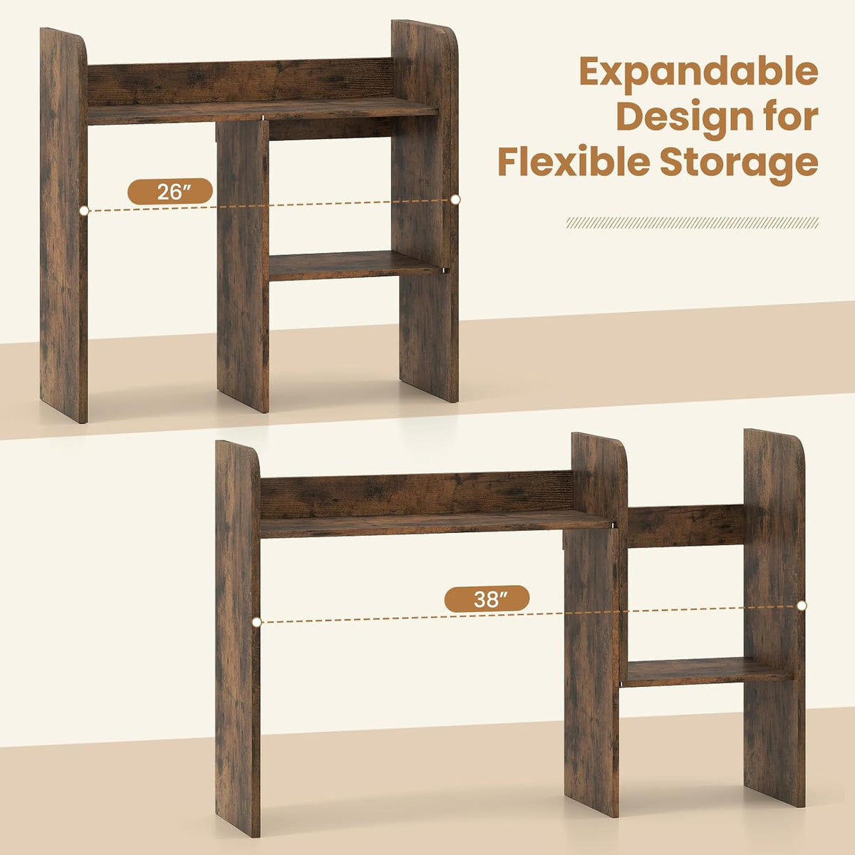 Tangkula Extendable Desktop Bookshelf, Dorm Desk Hutch, Rustic Brown