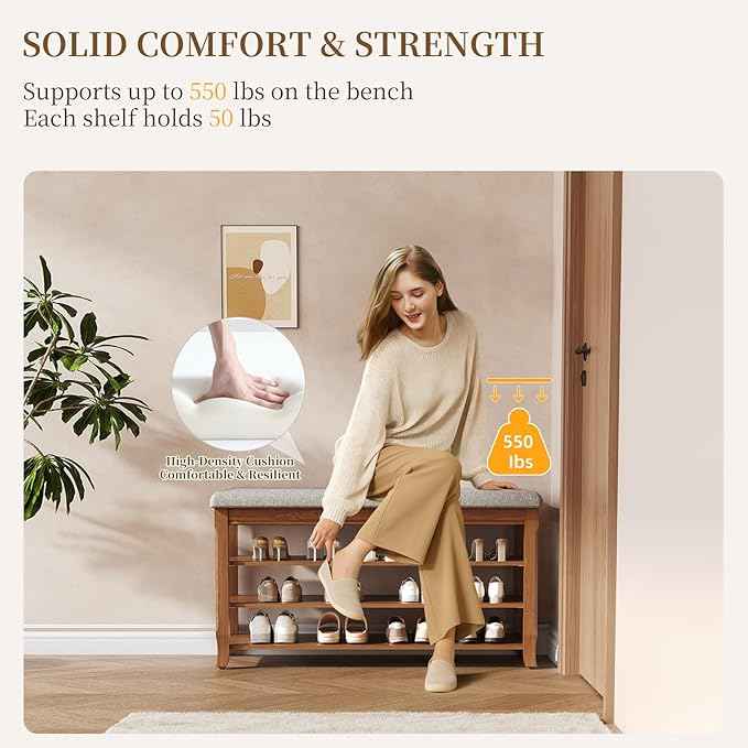 Solid Wood Shoe Bench with Storage, Flip-Top Soft-Close Lid, Adjustable Shelves
