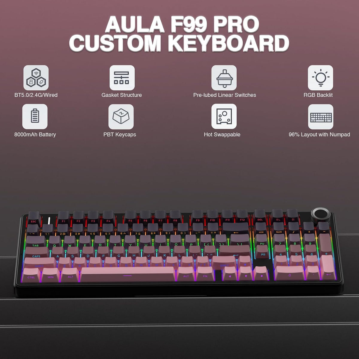 AULA F99 Pro Wireless Mechanical Keyboard with Number Pad, Knob, 99 Keys