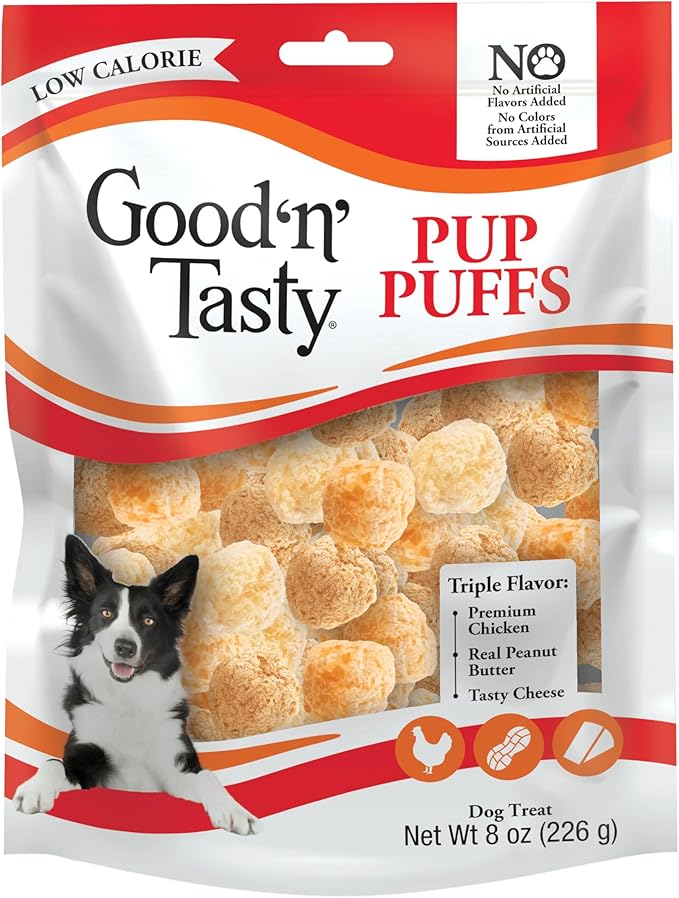 Good ‘n’ Tasty Pup Puffs, 8 Ounces, Low-Calorie Cheese Puff-Inspired Dog Treats, Flavored with Premium Chicken, Real Peanut Butter or Tasty Cheese, Light & Crispy Texture