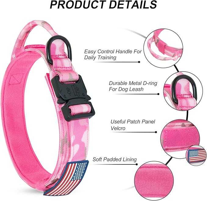 Hotsky Tactical Dog Collar and Leash Set, Heavy Duty Military Airtag Dog Collar with Handle and Metal Buckle for Training and Walking, with Airtag Holder and Two Patches(Pink Camo, XL)
