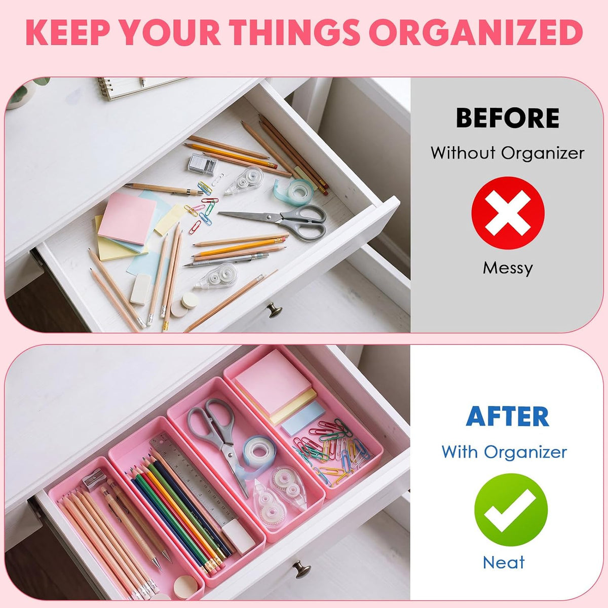 Teling 12 Pcs Pink Plastic Desk Drawer Organizer Pen Tray Shallow