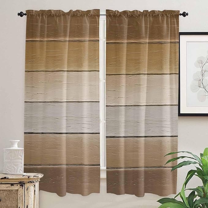 Vintage Brown Gradient Wood Grain Window Valance Curtains, Farmhouse Wood Barn