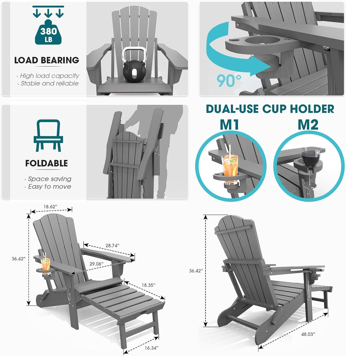 THOEOE Adirondack Chairs with Footrest, Folding HDPE Chairs Set of 2