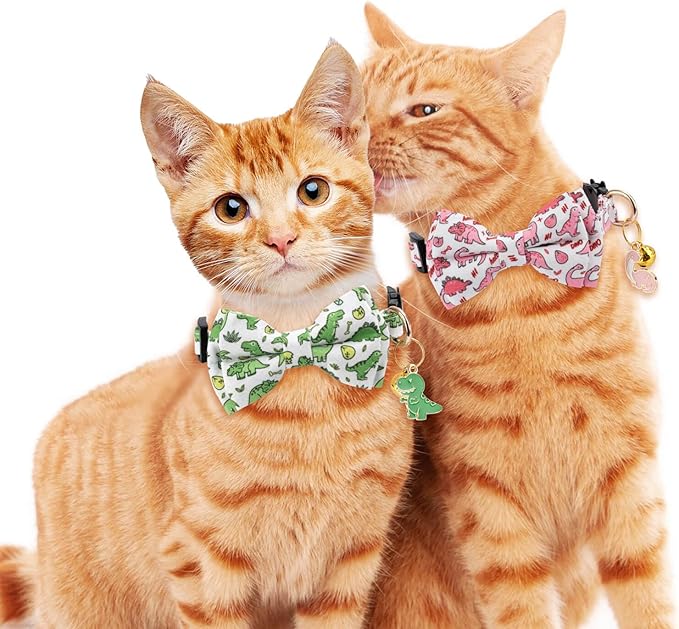 2 Pack Cotton Cat Collar with Bow Tie and Bell for Male Female Cats,Soft Fancy Breakaway Kitty Kitten Collar with Ghost& Pumpkin Patterned Design for Boy Girl Cats. (Dinosaur)