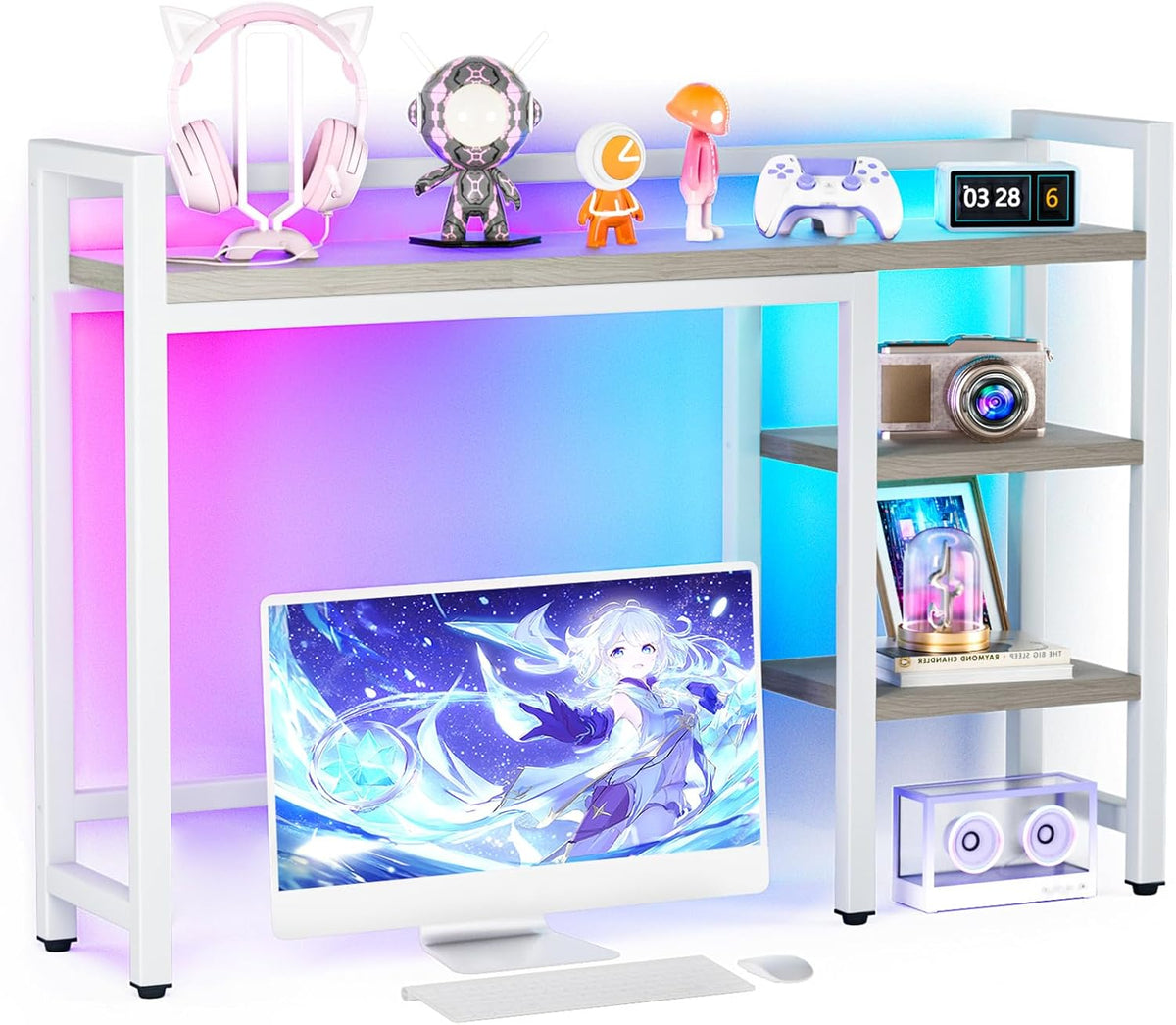 Desk Hutch with Colorful RGB Lights, 4 Tier Desktop Shelf for Max 28" Computer Monitor, Desk Organizer Shelf for Tidy Storage Display, Desktop Bookshelf for Home, Office, Dorm, Gaming Table, Kitchen