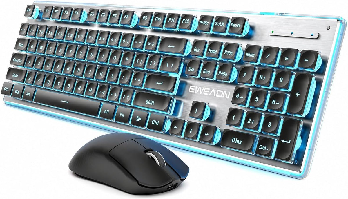 Wireless Keyboard and Mouse Combo with Blue Backlit, Rechargeable-Black