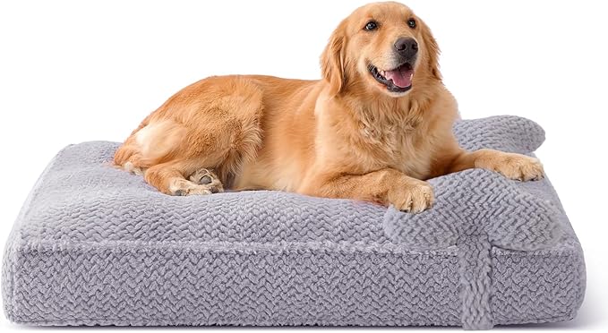 Soft Touch Faux Fur Dog Bed for Extra Large Dogs 8.5" Extra Thick, Orthopedic Pet Bed with Waterproof Liner and Washable Cover, with Removable Cute Pillow, Grey Color