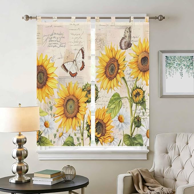 Yellow Sunflowers Bathroom Curtains 63 Inch Length, Window Curtains Tab Top