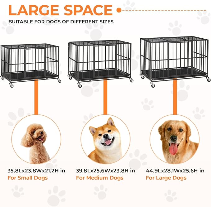 38 Inch Heavy Duty Dog Crate Steel Escape Proof, Dog Kennel Indoor Double Door High Anxiety Cage, Removable Tray, Crate with Wheels,XL