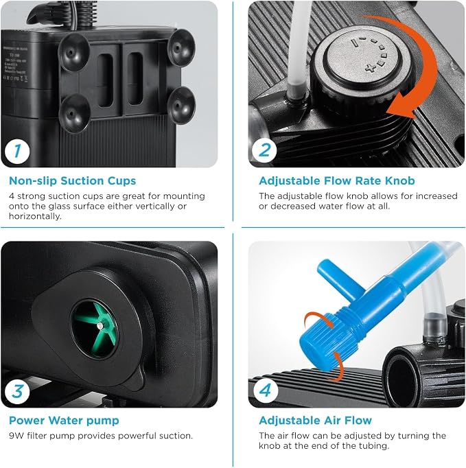 Internal Fish Tank Filter with 9W UV Light, Adjustable Water Flow Submersible
