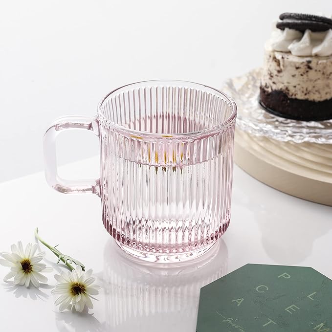 Lysenn Pink Glass Mug with Lid, Premium Glass Coffee Mug, 12 oz Tea Cup |