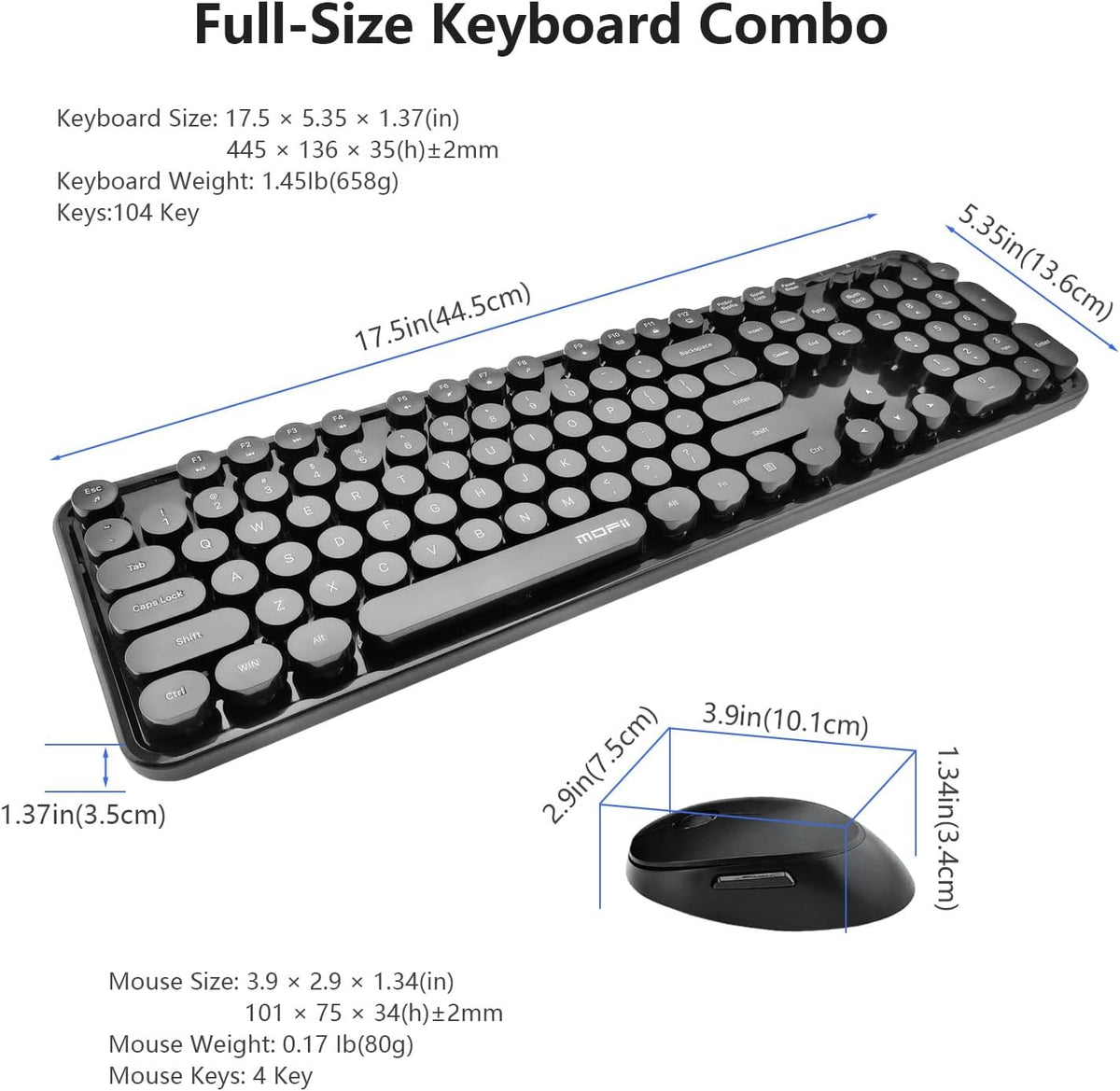 Wireless Keyboard and Mouse Combo, Retro Typewriter Style Keyboard with Round Keycaps, 2.4GHz Dropout-Free Connection Mouse with,Computer PC Desktops Laptop WindowsxP/7/8/10 (Black)