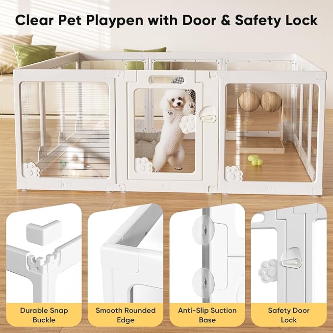 24" Acrylic Clear Dog Play Pen Indoors 12 Panels, Puppy Playpen with Door for Small Dogs Puppies, Transparent Plastic Pet Playpen Cage Fence Crate Kennel for Cat Kitten Rabbit Bunny Ferret etc