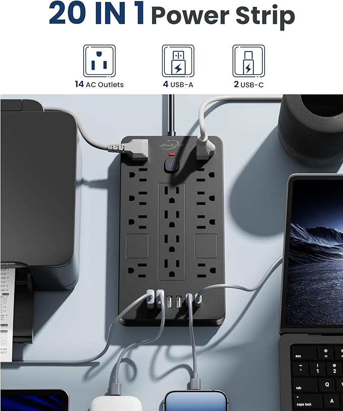 Surge Protector Power Strip-14 Outlets and 6 USB Ports, 10 Feet Flat Plug Extension Cord, 1850 Joules, Black, ETL Listed for Home, Office, Dorm Room