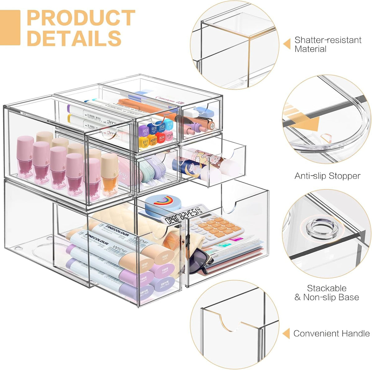 Desk Organizer with 7 Drawers, Clear, Stackable