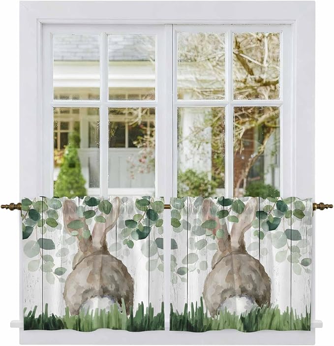 Easter Tier Curtains, Country Rabbit Botanical Leaves Wooden Grain Light