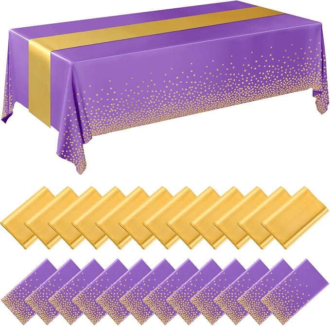 24 Pack Purple and Gold Disposable Plastic Tablecloths and Satin Table Runner