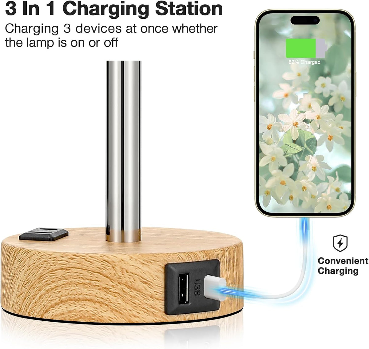 Fenmzee Floral Bedside Lamp for Bedroom, Dimmable Touch, USB A+C, AC Outlet