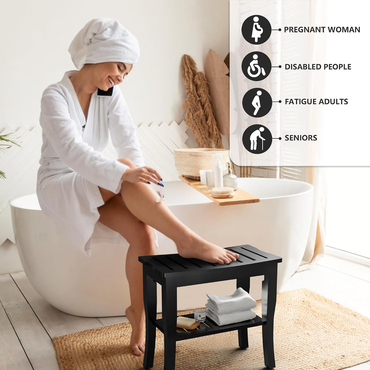 Domax Bamboo Shower Bench & Stool Waterproof - Wood Shower Bench with Storage Shelf for Inside Shower(Black)