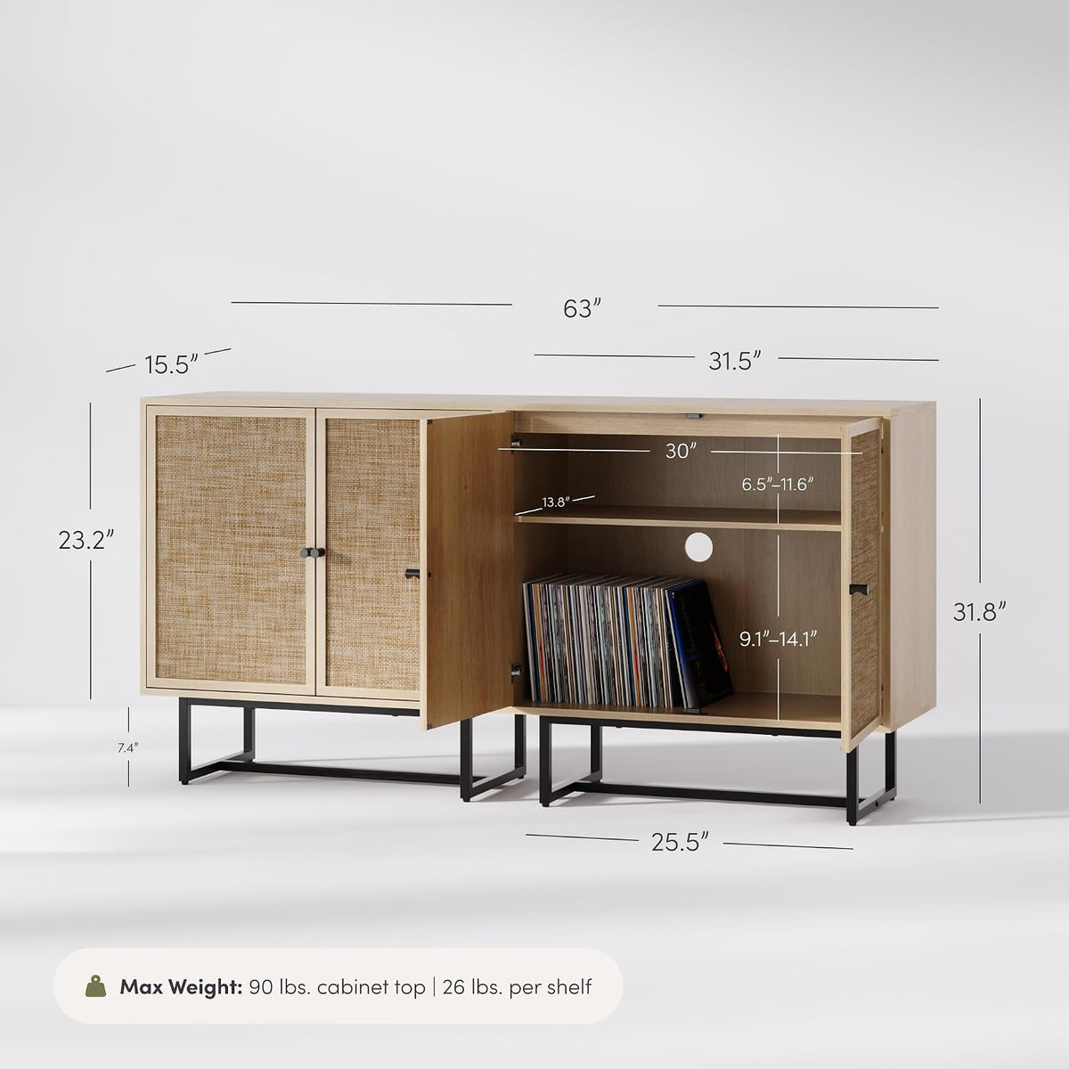 Nathan James Kova Rattan Wood Accent Sideboard Storage Cabinet TV Stand with Matte Metal Frame, Adjustable Shelves and Cane Doors, for Hallway, or Living Room, Light Oak/Cane/Black, Set of 2