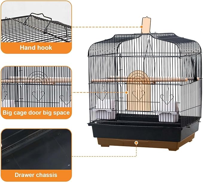 20.5"x18.1"x14.2" Portable Bird Travel Cage with Handle, Metal Carrier with Food Container, Wooden Perch & Pull-Out Tray for Small Parrots, Canaries, Cockatiels, Lovebirds, Conures