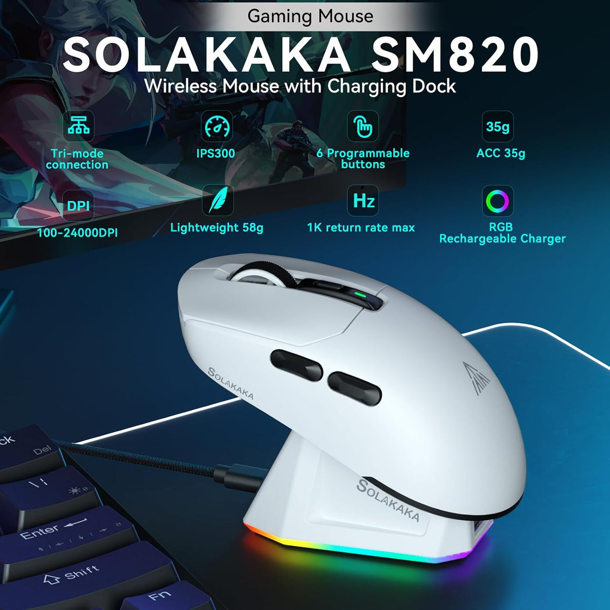 SOLAKAKA SM820 Wireless Gaming Mouse with RGB Charging Dock,24000 DPI Tri-Modes Wireless Mouse with 2 Side Buttons, PAW3311 Optical Sensor, Programmable Macro Mouse for Gaming(White)