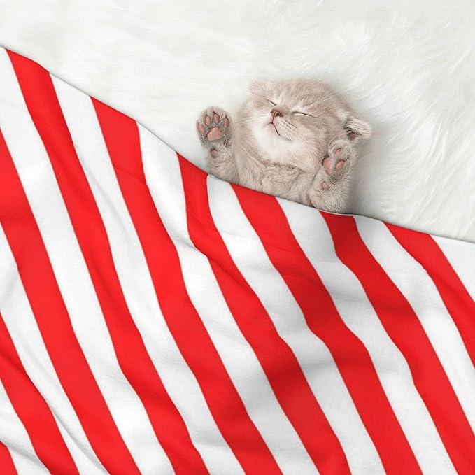 Reversible Pet Blanket for Sofa Protection Pet Comfort, Red White Stripes Christmas Candy Cane, Double Sided Design with Cozy Nubby Nap Side and Durable Smooth Play Side