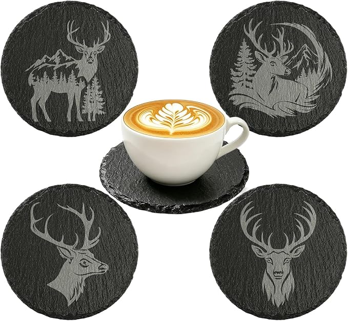 4Pcs Slate Coasters with Deer Pattern, Round 3.94 inch Cup Mats