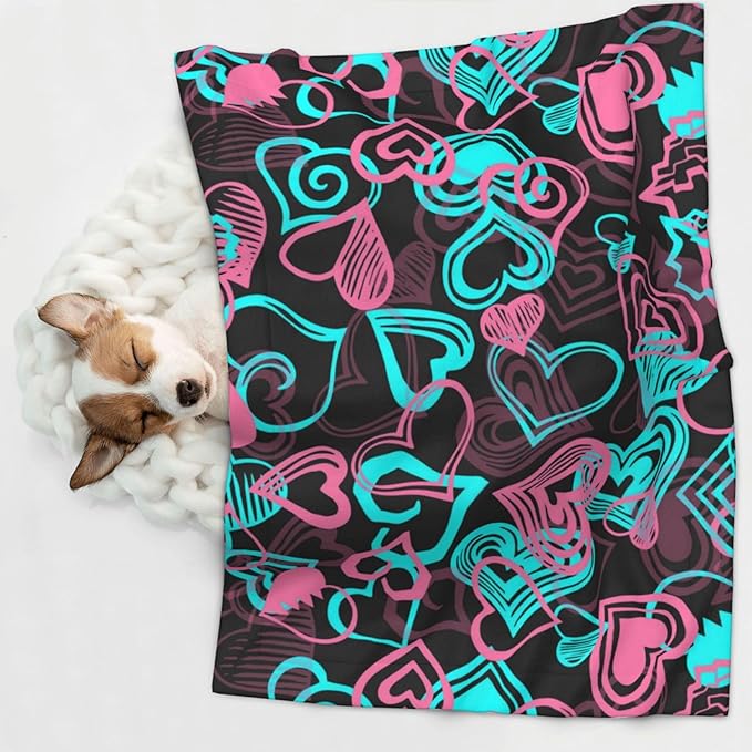 Pet Blanket for Indoor Outdoor Use, Abstract Love Hearts Pattern, Two Sided Reversible Plush Mat with Bumpy Dot Texture for Patios Crates Portable Bed Companion
