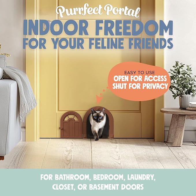 Purrfect Portal Meow Manor® Cat Door Interior Door - No-Flap, Fits Cats Up to 20 lbs, Easy DIY Setup, No Training Needed, Brown