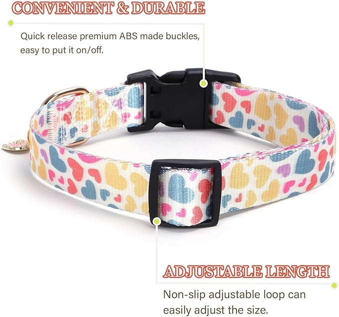 Love Pattern Dog Collar with Buckle Adjustable Safety Nylon Collars for Small Medium Large Dogs, Cute Stylish Girl Boy Christmas Dog Collar(White Heart,M)