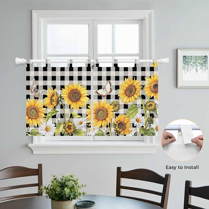 Sunflowers Kitchen Curtains 36 Inch Length, Small Window Curtains Tab Top