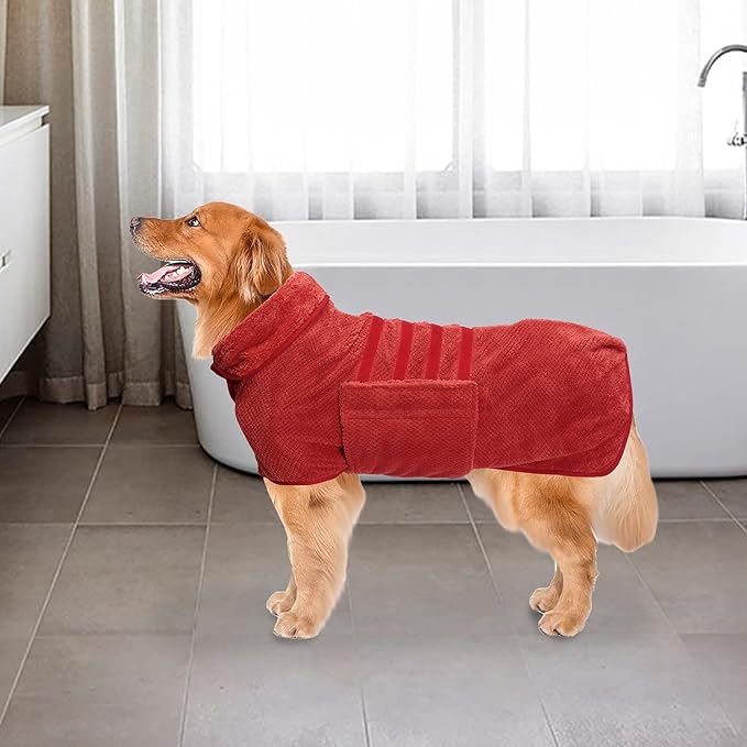 Geyecete Pineapple Grid Fast Drying Super Absorbent Dog Cat Bath Robe Towel - Red - XXL