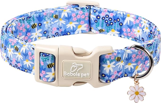 Floral Dog Collar for Large Dogs - Cute Spring Dog Collars, Soft Lightweight Bee & Daisy Puppy Collar, Breathable Adjustable Male Female Blue Wildflowers Dogs Collars L