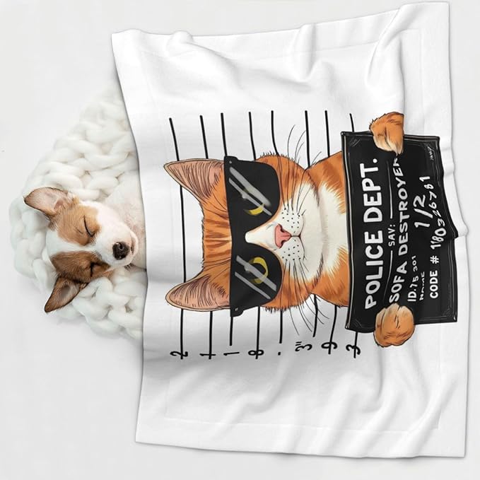 Cat Holding Mugshot Sign Print Soft Plush Pet Blanket, Washable Dog Blanket, Cat Fleece Throw, Puppy Bed Crate Mat & Sofa Couch Protector - Large