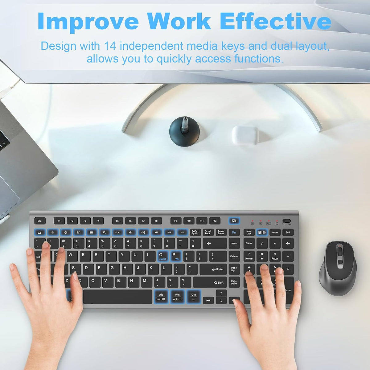 FENIFOX Rechargeable Wireless Keyboard and Mouse, with Number Pad Grey