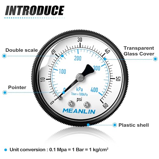 MEANLIN MEASURE 1/4" NPT 0-60Psi Swimming Pool Water Pressure Gauge 2" FACE DIAL