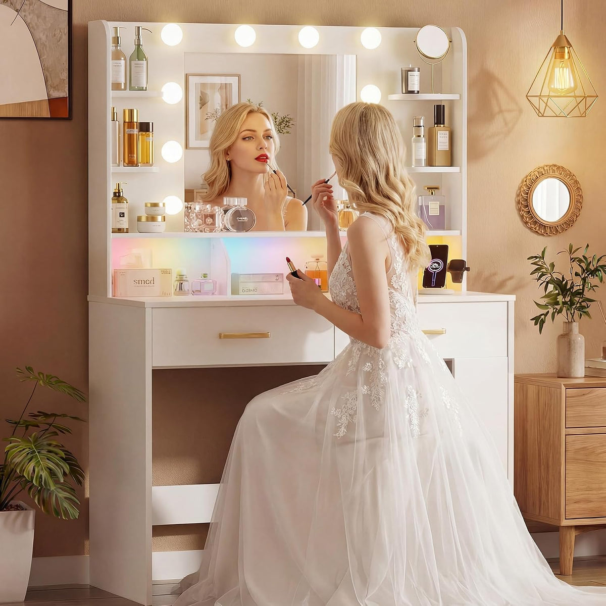 LUCKRACER Vanity Desk with LED Lights Mirror & Charging Station, Makeup Vanity with Storage Drawers and Shelves, Modern Dressing Table for Women Girls Bedroom, Ivory White