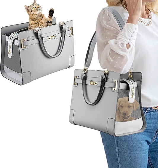 Fashion Dog Purse with Shoulder Strap, Holds Up to 7lbs Quality PU Leather Pet Carrier, Cat Carrier, Airline Approved Puppy Purse for Travel (Gray, Small Size)