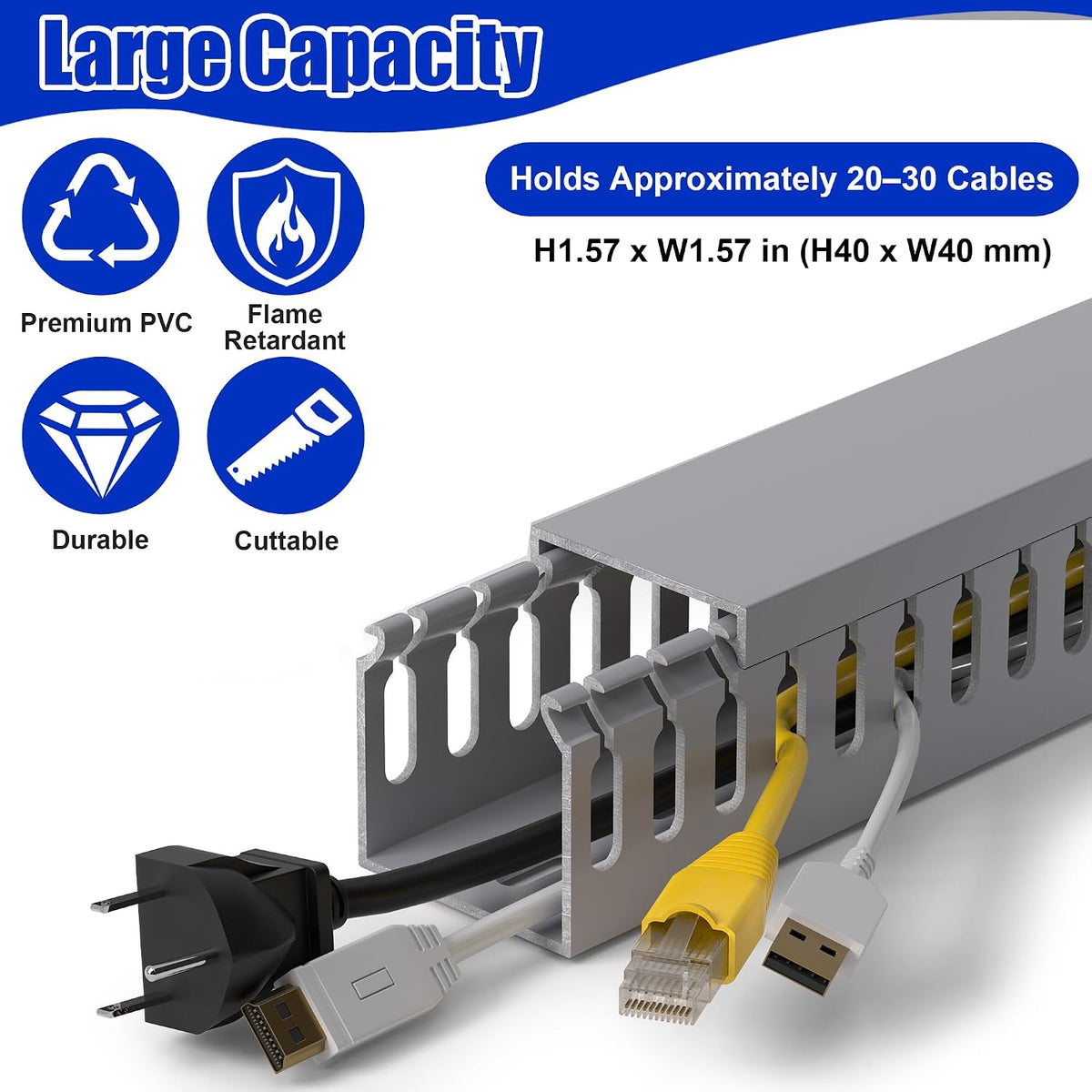 1.6"H x 1.6"W Cable Raceway, 12ft Under Desk Wire Management Channel, Black