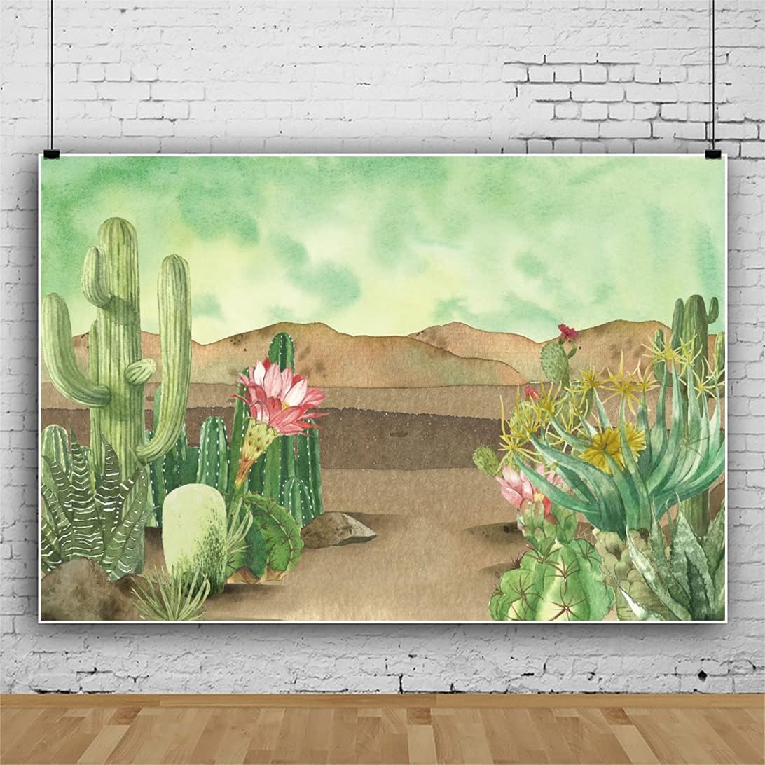 Renaiss 5x3ft Floral Cacti Backdrop Watercolor Aloes Cactus Flowers Desert Scenery Photography Background Botanical Mexican Fiesta Baby Shower Bridal Shower Birthday Party Decors Photo Studio Props