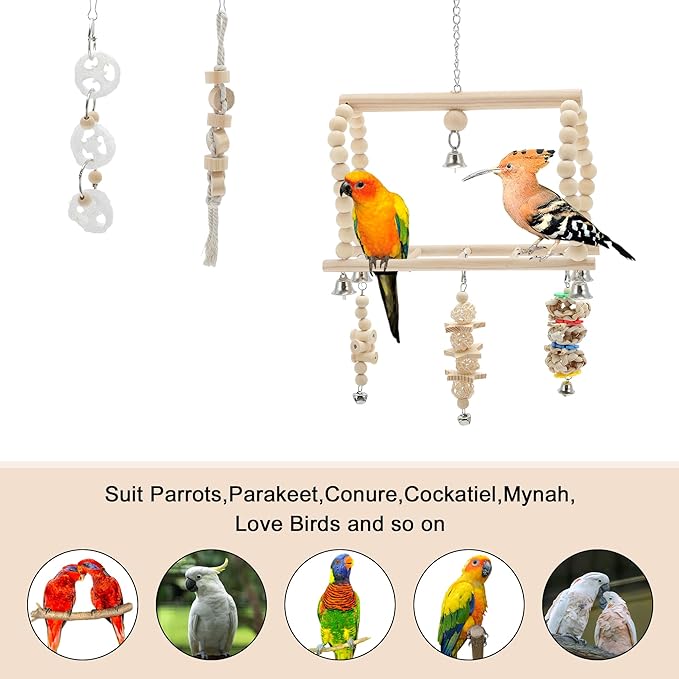 Cockatiel Toys, Bird Toys, Parrot Swing Toys with Climbing Ladder and Chewing Platform, Bird Cage Accessories for Budgerigar Conure Love Birds, 8 Pcs