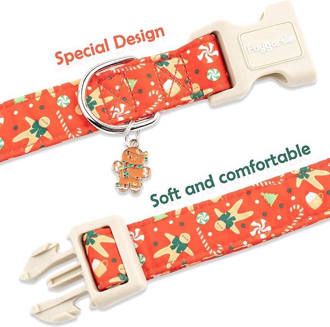 Faygarsle Christmas Dog Collar, Red Gingerbread Pattern, Plastic Buckle with Metal D-Ring, Holiday Pet Accessory, for Small Medium Large Dogs L