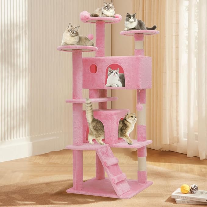 Athena Collection 54 Inch Cat Tree for Indoor Cats, Multi-Level Tower With 2 Condos, Scratching Post & Dangling Ball, Tall Climbing Center, Pink