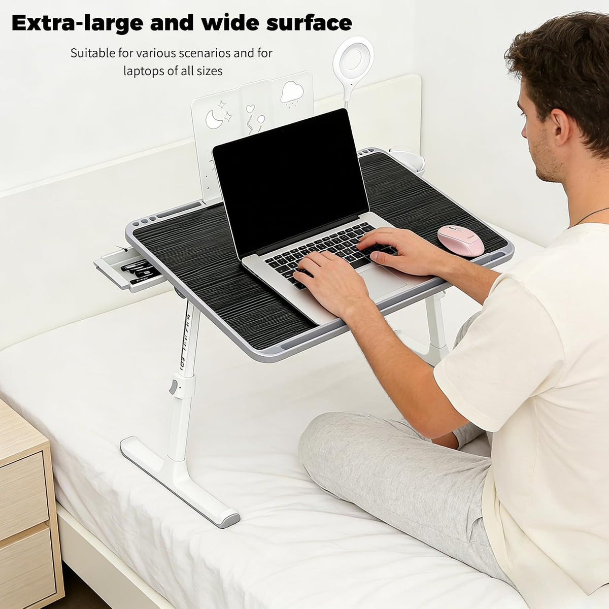 Foldable and Adjustable admireshun Laptop Bed Table with Hidden Drawer, Cup Holder, USB Voice-Controlled Night Light, Black, 23.6"x15.7", Suitable for Working, Gaming, and Other uses on Bed and Sofa
