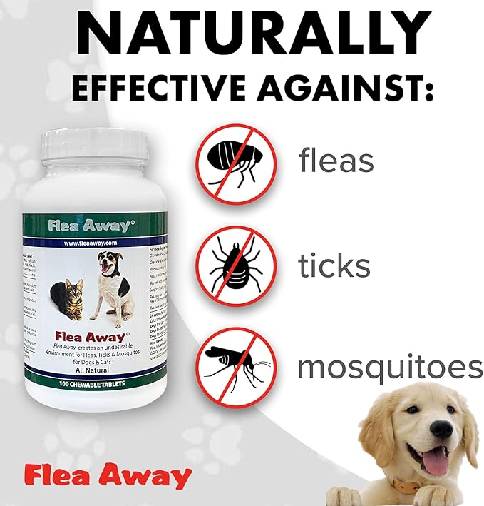 Flea Away All Natural Supplement for Fleas, Ticks, and Mosquitos Prevention for Dogs and Cats, 100 Chewable Tablets, 3 Pack